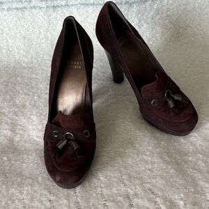 Stuart Weitzman Dark Brown Suede Heels with Tassel Detail